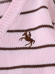 SHEIN 1件少女毛衣，時尚百搭V領經典配色拼接條紋黑馬刺繡圖案，清新可愛風格，適中厚度，整齊下擺，貼身袖口，柔軟親膚質感，精緻針織套頭衫，適合日常穿著、上學、旅行，秋冬季 - 粉色 - 查看 5