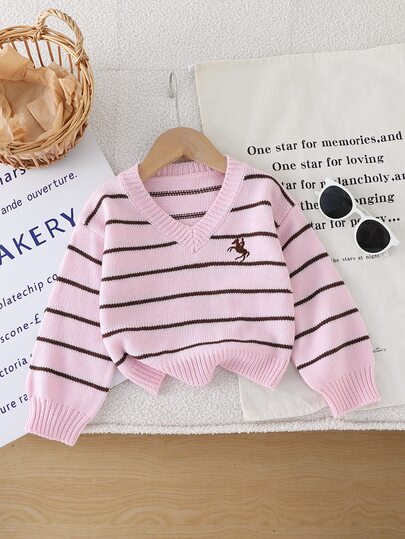 SHEIN 1pc Young Girl Sweater, Fashionable Versatile V-Neck Classic Color Block Striped Black Horse Embroidery Pattern, Fresh Cute Style, Regular Thickness, Neat Hem, Snug Cuffs, Soft Skin-Friendly Texture, Delicate Knit Pullover, Suitable For Daily Wear, School, Travel, Autumn/Winter