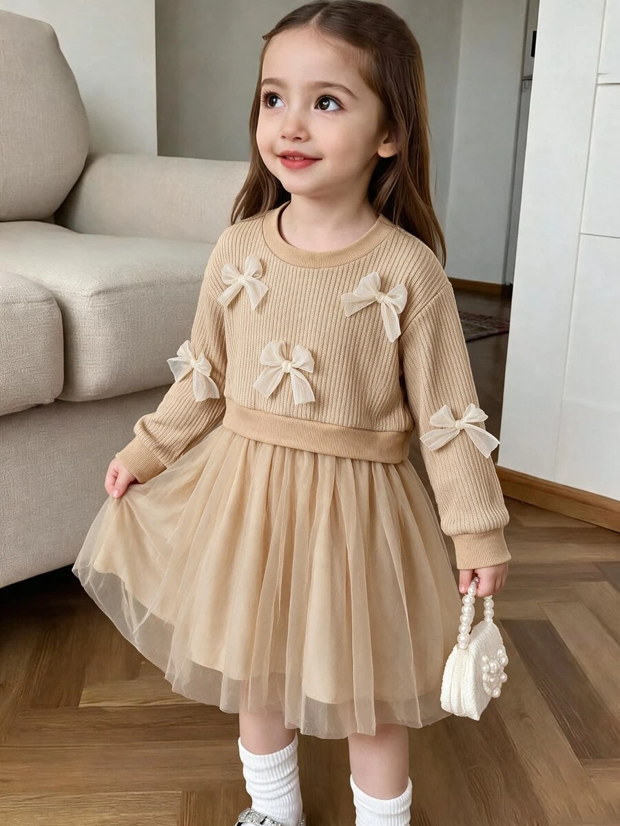 SHEIN Playful Pals 女童一件式洋裝,3D蝴蝶結裝飾、圓領、長袖、對比色網紗下擺,仙女公主風秋季穿搭生日禮物 - 咖啡 - 查看 1