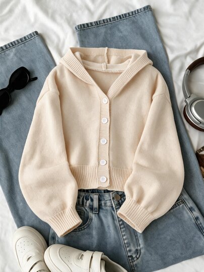 SHEIN Genkimix Kids Girls' Fashion Casual Fresh Short Solid Color Autumn/Winter Hooded Knit Cardigan Sweater