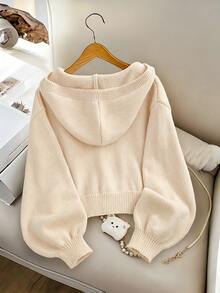 SHEIN Genkimix Kids Girls' Fashion Casual Fresh Short Solid Color Autumn/Winter Hooded Knit Cardigan Sweater - Apricot - View 3