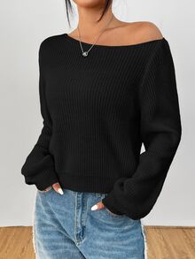 SHEIN PETITE 白色女款長袖套頭毛衣，可披肩穿著，適合秋冬，適合嬌小女性 - 黑色 - 查看 7