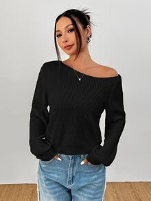 SHEIN PETITE 白色女款長袖套頭毛衣，可披肩穿著，適合秋冬，適合嬌小女性 - 黑色 - 查看 3