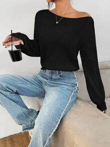 SHEIN PETITE 白色女款長袖套頭毛衣，可披肩穿著，適合秋冬，適合嬌小女性 - 黑色 - 查看 4