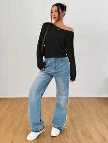 SHEIN PETITE 白色女款長袖套頭毛衣，可披肩穿著，適合秋冬，適合嬌小女性 - 黑色 - 查看 5