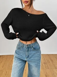 SHEIN PETITE 白色女款長袖套頭毛衣，可披肩穿著，適合秋冬，適合嬌小女性 - 黑色 - 查看 6