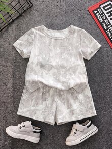 SHEIN 2件套幼儿男女宝宝休闲可爱灰色迷彩短袖T恤和短裤套装，男宝宝套装，男宝宝夏季服装，街头服饰 - 灰色 - 查看 8