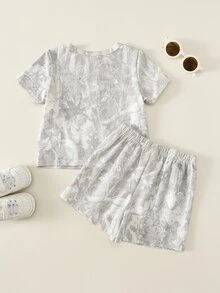 SHEIN 2件套幼儿男女宝宝休闲可爱灰色迷彩短袖T恤和短裤套装，男宝宝套装，男宝宝夏季服装，街头服饰 - 灰色 - 查看 2