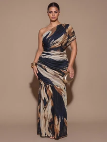 SHEIN BAE CURVE Plus Size Women's Tie-Dye Floral Long Dress Fall - Multicolor - View 4