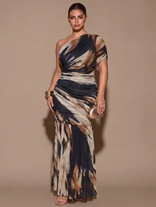 SHEIN BAE CURVE Plus Size Women's Tie-Dye Floral Long Dress Fall - Multicolor - View 1