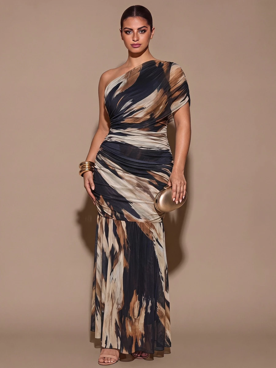 SHEIN BAE CURVE Plus Size Women's Tie-Dye Floral Long Dress Fall - Multicolor - View 1