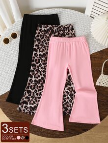 SHEIN 3件組女童幼兒喇叭褲 [黑色 + 豹紋 + 棕色] 休閒風格甜美酷感，新款女童喇叭褲，彈性修身，春秋款 - 彩色 - 查看 2