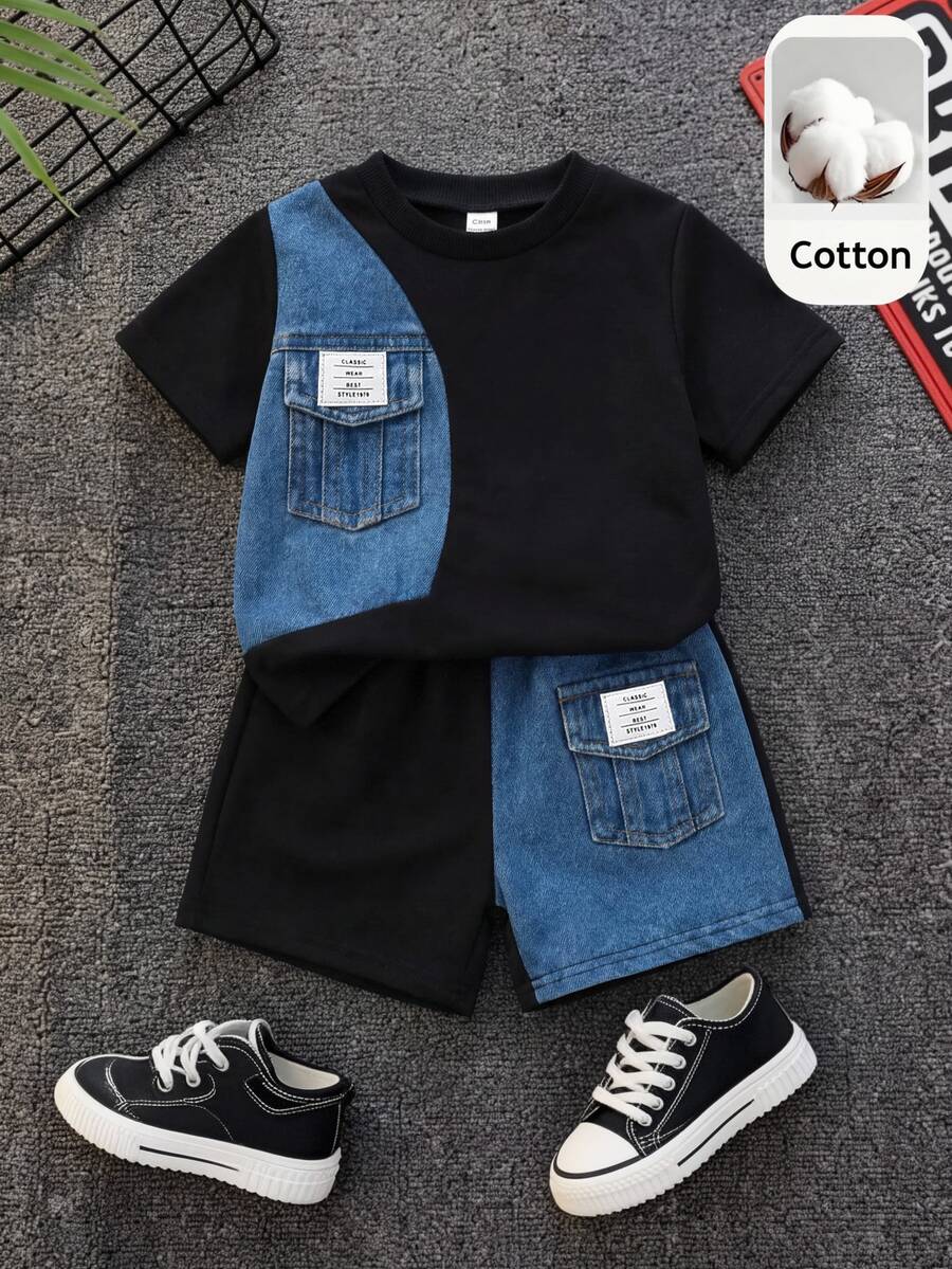 SHEIN 男婴夏季休闲牛仔拼接黑色上衣和牛仔拼接短裤两件套 - 彩色 - 查看 1