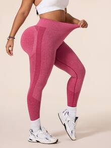 SHEIN Rhythm Era Women's Plus Size Seamless High Waist Tummy Control Sports Leggings, Suitable For Running Gym, Yoga And Exercise Pink Summer - Red - View 5
