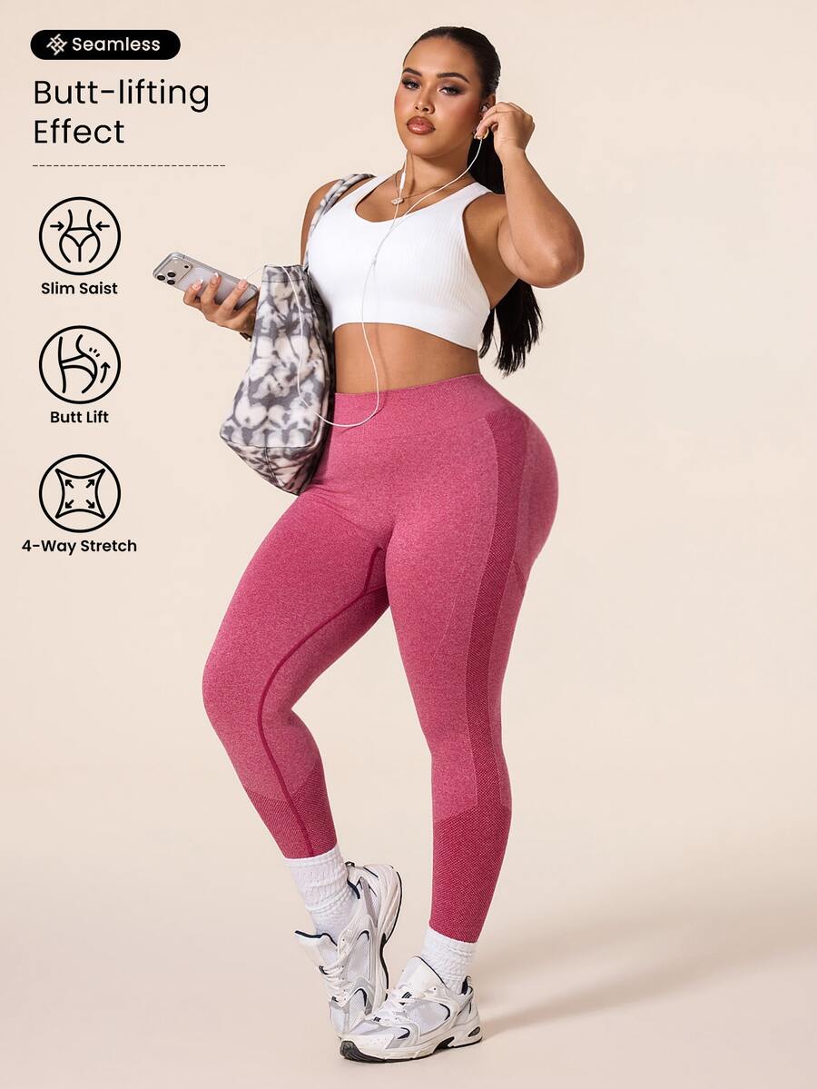 SHEIN Rhythm Era Women's Plus Size Seamless High Waist Tummy Control Sports Leggings, Suitable For Running Gym, Yoga And Exercise Pink Summer - Red - View 1