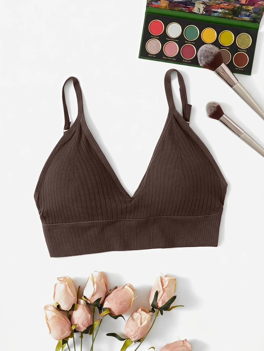 SHEIN 女款素色休閒舒適無鋼圈內衣 - 棕色 - 查看 1