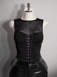 SHEIN ICON 女款網格拼接繫帶設計休閒百搭日常穿搭上衣 - 黑色 - 查看 11