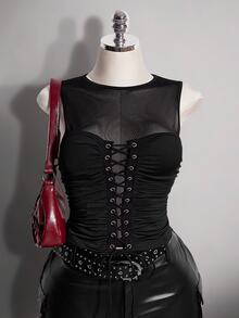 SHEIN ICON 女款網格拼接繫帶設計休閒百搭日常穿搭上衣 - 黑色 - 查看 4