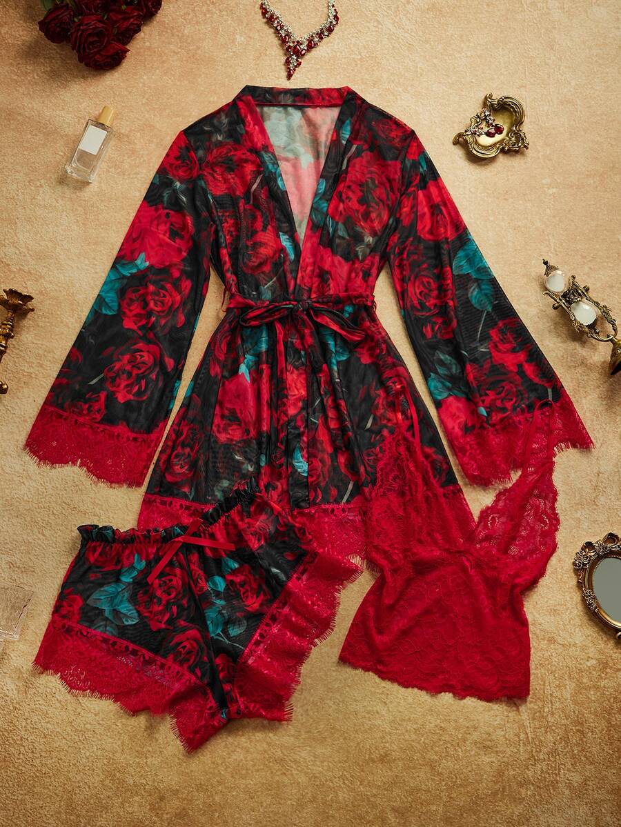 PinupPomp Wireless Lace Top And Floral Print Boxer Shorts, Long Sleeve Robe, Belt Lingerie Set - black red - View 1