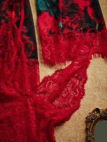 PinupPomp Wireless Lace Top And Floral Print Boxer Shorts, Long Sleeve Robe, Belt Lingerie Set - black red - View 4