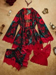 PinupPomp Wireless Lace Top And Floral Print Boxer Shorts, Long Sleeve Robe, Belt Lingerie Set - black red - View 2