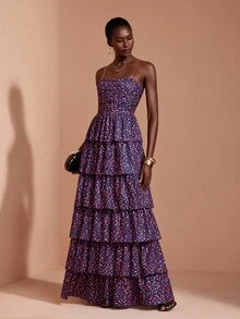 JIAN LASALA Knit Sleeveless Tube Top Multi Ruffle Layers Hemline Long Dress Vacation Party Elegant - Multicolor - View 1