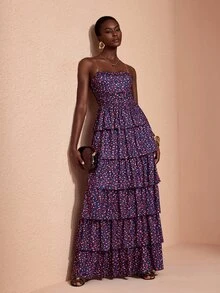 JIAN LASALA Knit Sleeveless Tube Top Multi Ruffle Layers Hemline Long Dress Vacation Party Elegant - Multicolor - View 7
