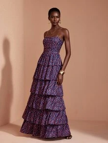 JIAN LASALA Knit Sleeveless Tube Top Multi Ruffle Layers Hemline Long Dress Vacation Party Elegant - Multicolor - View 6