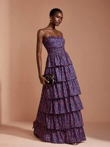 JIAN LASALA Knit Sleeveless Tube Top Multi Ruffle Layers Hemline Long Dress Vacation Party Elegant - Multicolor - View 5