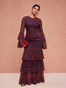 JIAN LASALA Black And Red All-Over Print Mesh Round Neck Layered Flared Sleeve Plus Size Dress Vacation Holiday - Multicolor - View 4