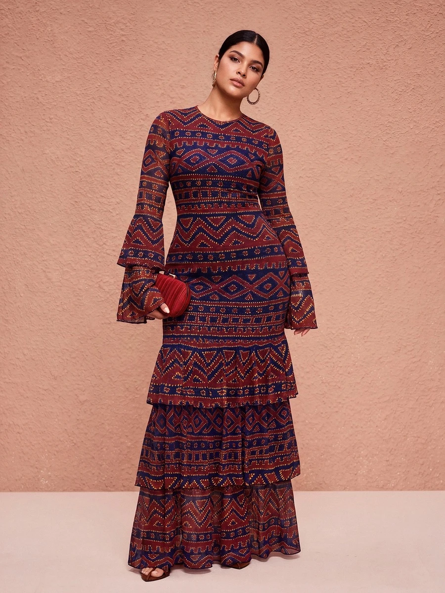 JIAN LASALA Black And Red All-Over Print Mesh Round Neck Layered Flared Sleeve Plus Size Dress Vacation Holiday - Multicolor - View 1