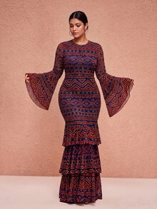 JIAN LASALA Black And Red All-Over Print Mesh Round Neck Layered Flared Sleeve Plus Size Dress Vacation Holiday - Multicolor - View 6