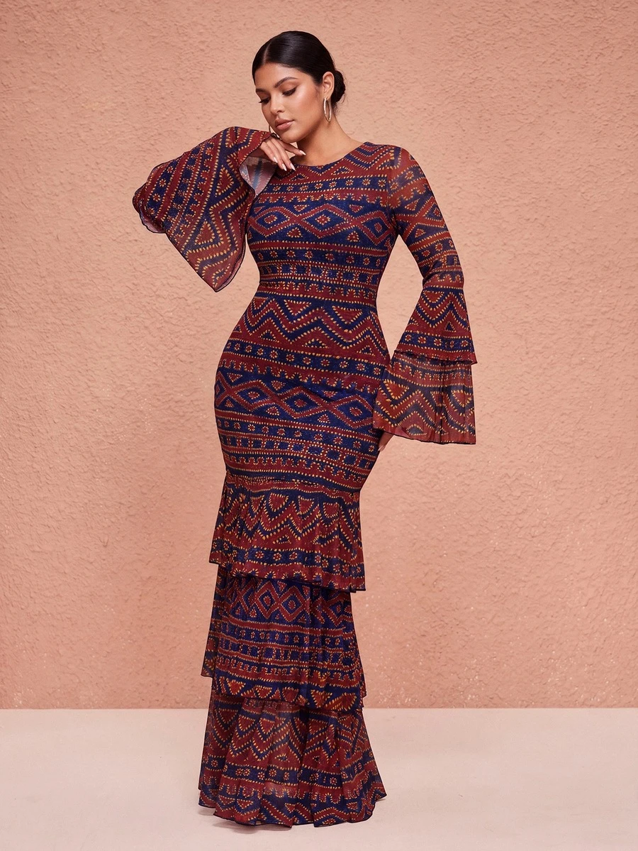 JIAN LASALA Black And Red All-Over Print Mesh Round Neck Layered Flared Sleeve Plus Size Dress Vacation Holiday - Multicolor - View 1
