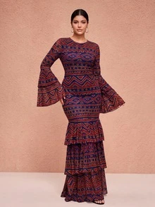 JIAN LASALA Black And Red All-Over Print Mesh Round Neck Layered Flared Sleeve Plus Size Dress Vacation Holiday - Multicolor - View 3