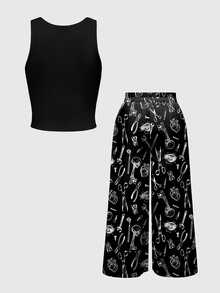 ROMWE Skull Moon Sun Stars Forest Plants Dark Gothic Camisole Tank Top Plus Size Pants 2 Pieces Set - Black - View 2