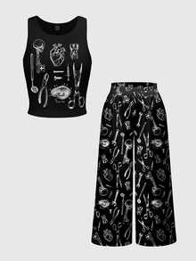 ROMWE Skull Moon Sun Stars Forest Plants Dark Gothic Camisole Tank Top Plus Size Pants 2 Pieces Set - Black - View 1