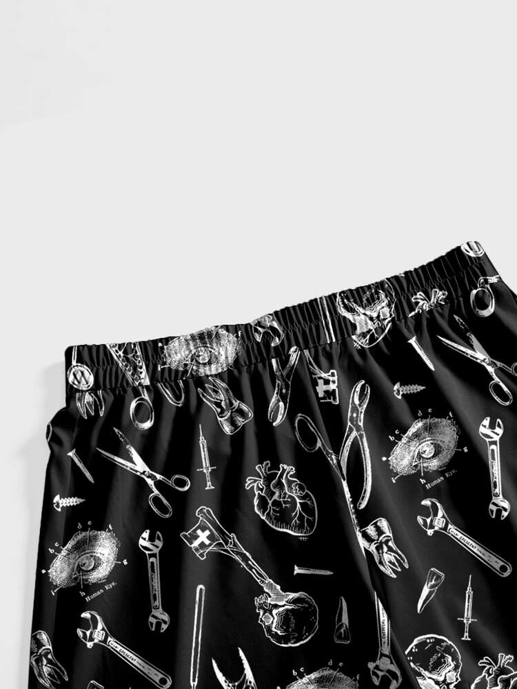 ROMWE Goth 骷髏月亮太陽星星森林植物暗黑哥德風細肩帶背心大尺碼褲子兩件套 - 黑色 - 查看 4