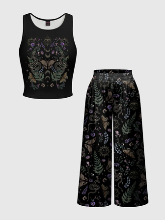 Ensemble 2 pièces Top camisole & Pantalon Gothique Sombre avec motif Papillon de nuit Lune Soleil Étoiles Grande Taille