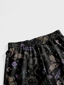 ROMWE Goth 蛾蝶月亮太陽星星暗黑哥德風細肩帶上衣與長褲兩件套大尺碼 - 黑色 - 查看 4