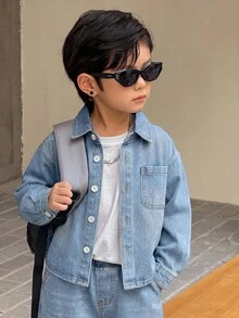 SHEIN Little Byeori 男童灰色牛仔襯衫翻領長袖與寬鬆長褲2件套 - 淺色水洗藍 - 查看 4
