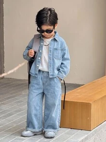 SHEIN Little Byeori 男童灰色牛仔襯衫翻領長袖與寬鬆長褲2件套 - 淺色水洗藍 - 查看 6