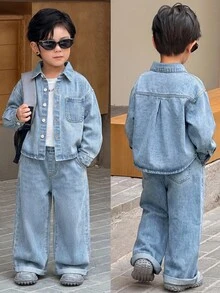 SHEIN Little Byeori 男童灰色牛仔襯衫翻領長袖與寬鬆長褲2件套 - 淺色水洗藍 - 查看 1
