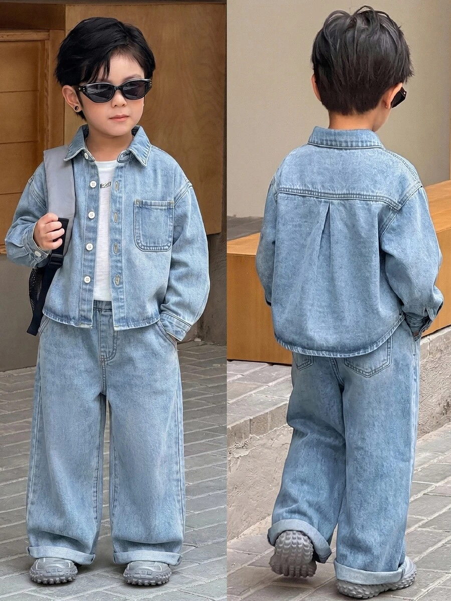 SHEIN Little Byeori 男童灰色牛仔襯衫翻領長袖與寬鬆長褲2件套 - 淺色水洗藍 - 查看 1