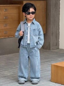 SHEIN Little Byeori 男童灰色牛仔襯衫翻領長袖與寬鬆長褲2件套 - 淺色水洗藍 - 查看 5