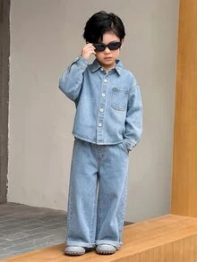 SHEIN Little Byeori 男童灰色牛仔襯衫翻領長袖與寬鬆長褲2件套 - 淺色水洗藍 - 查看 3