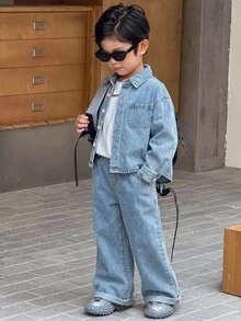 SHEIN Little Byeori 男童灰色牛仔襯衫翻領長袖與寬鬆長褲2件套 - 淺色水洗藍 - 查看 7