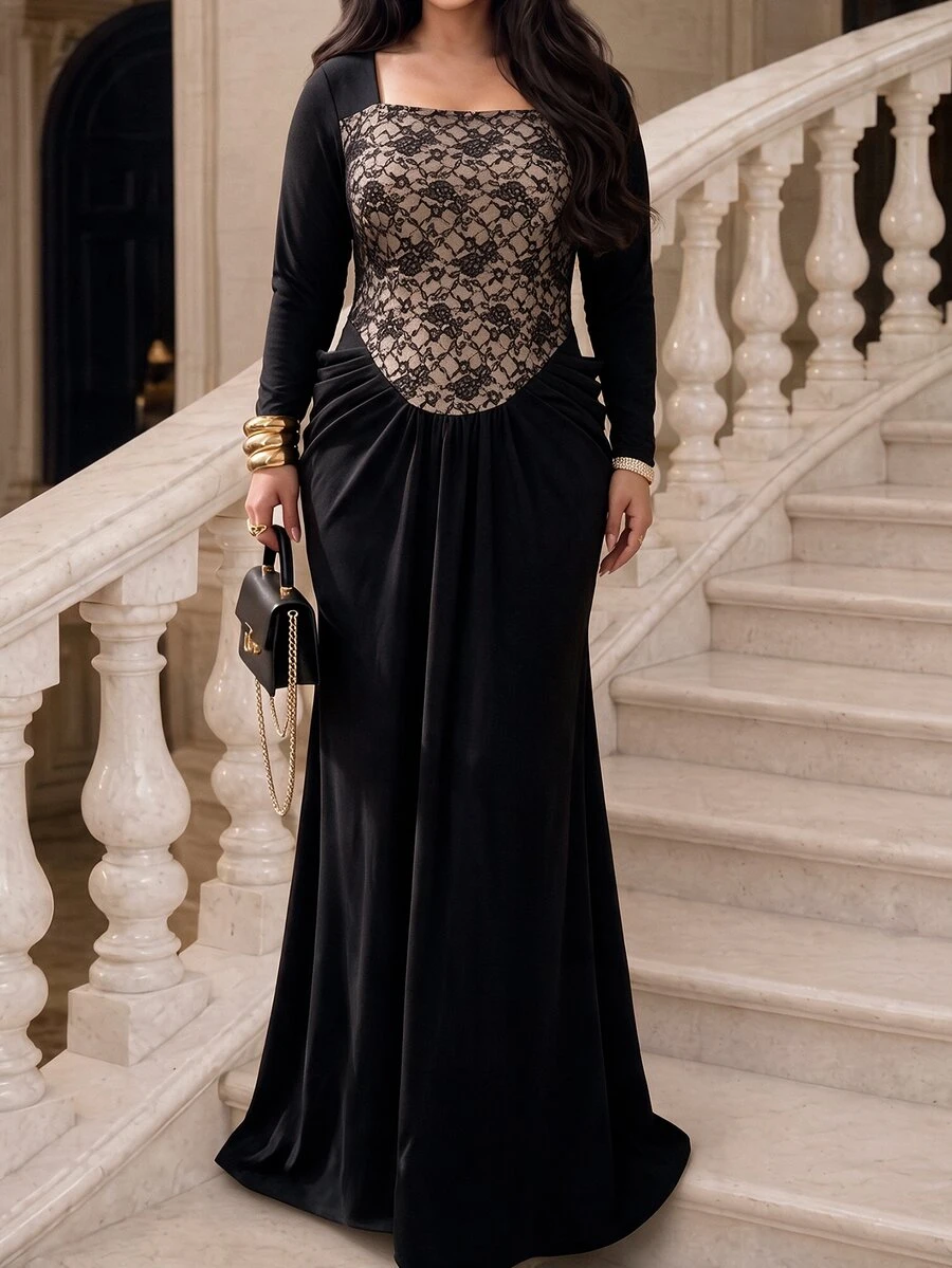 Modelyn فستان سهرة محتشم لضيوف الزفاف بمقاس كبير، بياقة مربعة وتصميم من الدانتيل الزهري المدمج، أكمام طويلة وخصر مكشكش منسدل - الأسود - مشاهدة 1