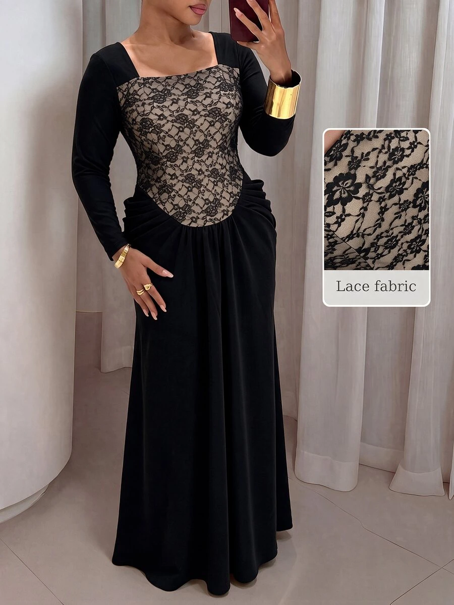 Modelyn Plus Size Square Neck Floral Lace Spliced Dress Long Sleeve Draped Ruched Waist Modest Wedding Guest Evening Gown - Black - View 1