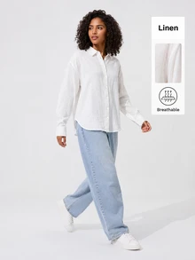 SHEIN BASICS 女款白色單排扣休閒端莊極簡百搭通勤辦公早午餐亞麻襯衫，適合外出穿搭，教師節秋季 - 白色 - 查看 6