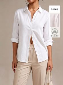 SHEIN BASICS 女款白色單排扣休閒端莊極簡百搭通勤辦公早午餐亞麻襯衫，適合外出穿搭，教師節秋季 - 白色 - 查看 3